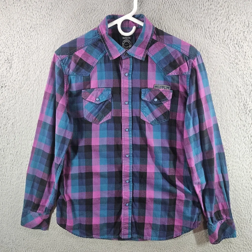 Diesel Co Mens Plaid Western Snap Button Down Shirt Purple Blue Black Small S‎